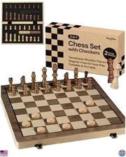 PlayVibe 15'' Handmade Wooden Chess & Checkers Set - Portable Folding Board, 2