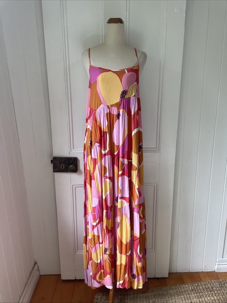 Mister Zimi size AU 10 Small Pink Kea Print Maxi Sun dress Fit & Flare