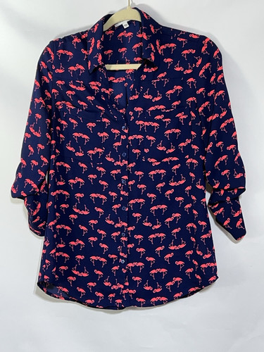 Express The Portofino Shirt Size M Blue Pink Flamingo Button Down Long Sleeve