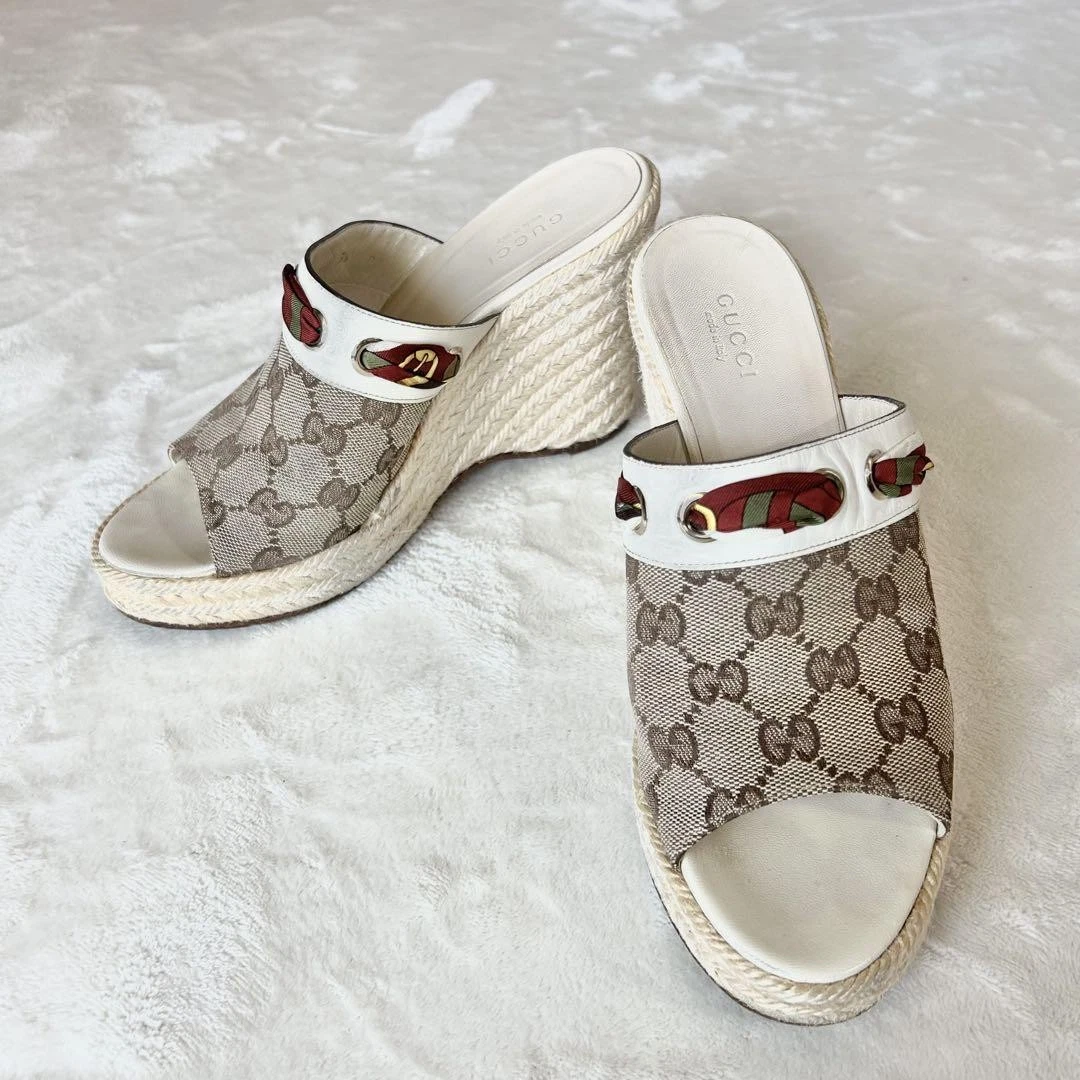 Sandales espadrilles logo GUCCI GG mules à enfiler taille 36 beige blanc semelle compensée