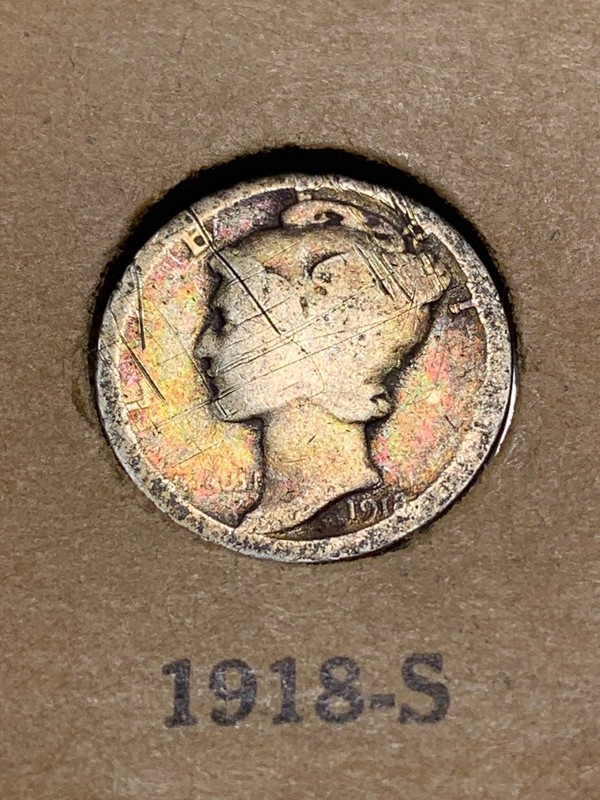 1918-S Silver Mercury Dime, Colorful Rainbow Album Toning