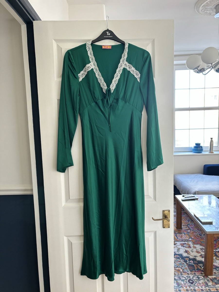 Kitri Emerald green long sleeve satin maxi tea dress white lace detail size 10 | eBay UK Kitri Emerald green long sleeve satin maxi tea dress white lace detail size 10 | eBay UK