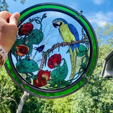 Vintage Stained Glass Parrot Butterfly Flowers Sun Catcher 10" Round Hanging