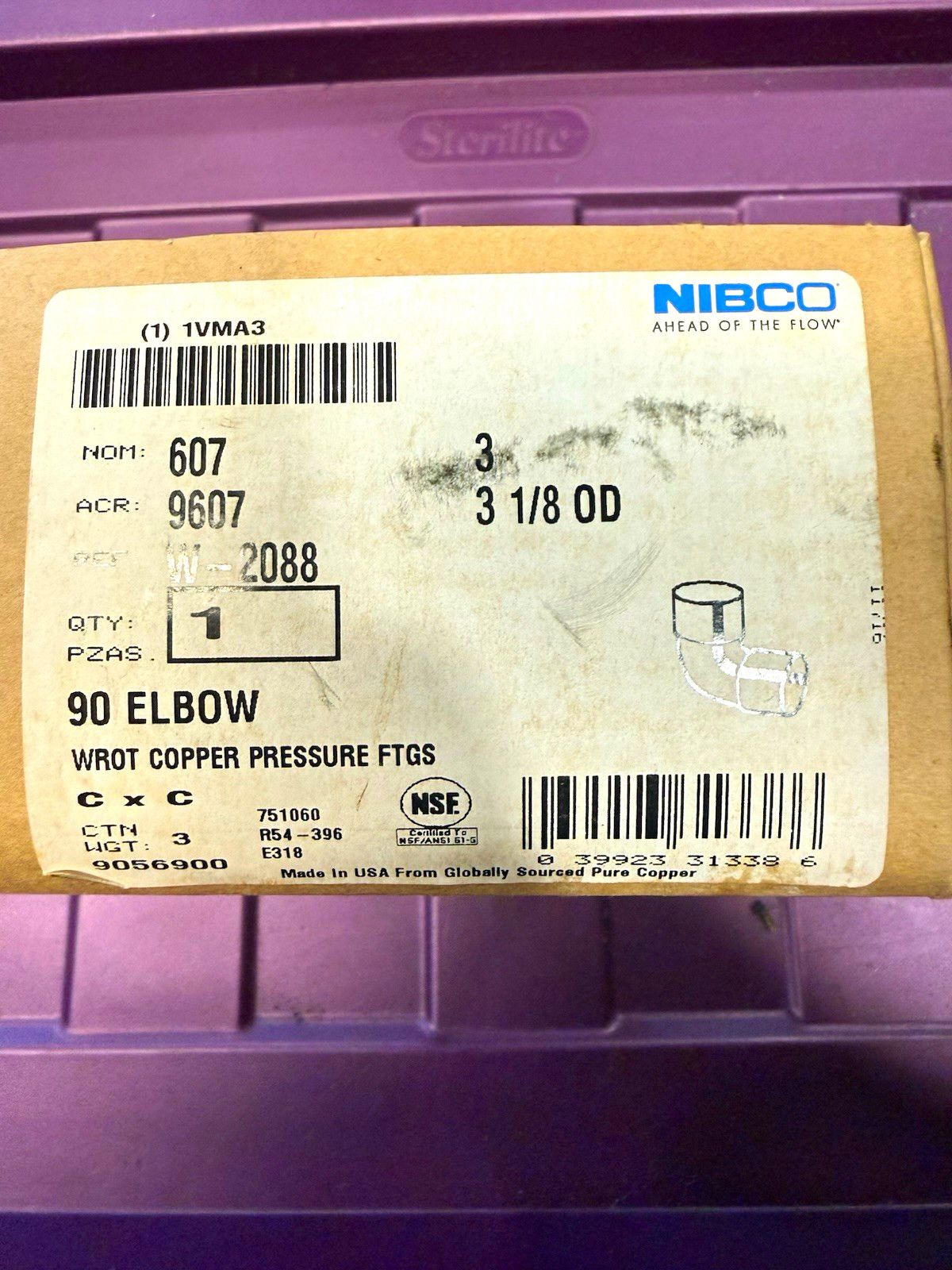 NIBCO 607 Copper 90° Elbow 3in CxC Sweat Pressure Fitting No Stop