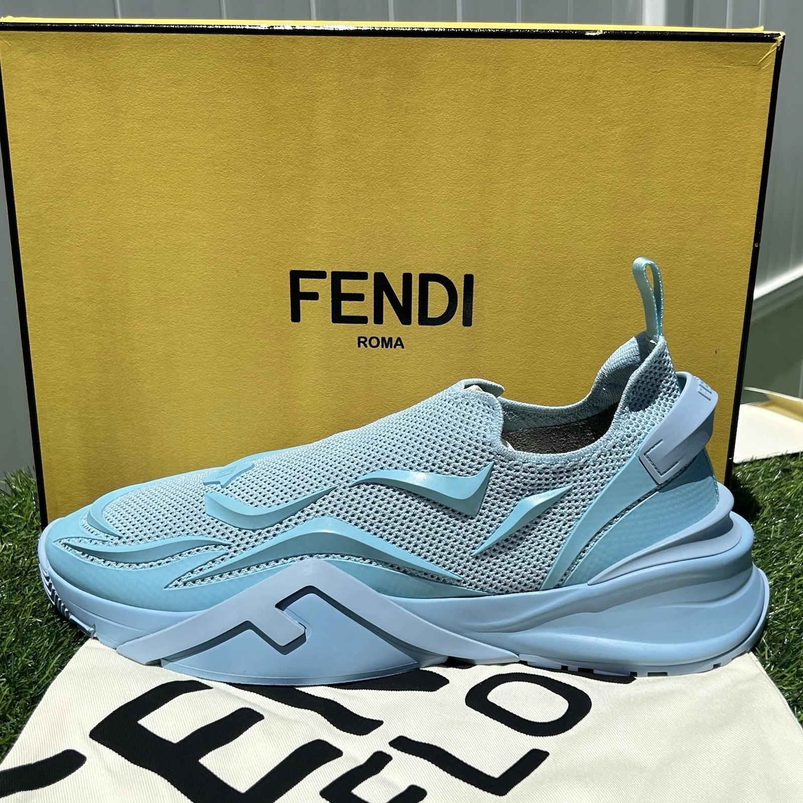 SNEAKERS FENDI FLOW SLIP ON MAGLIA BLU CHIARO LOGO FF TAGLIA US 13 UK 12 NUOVE