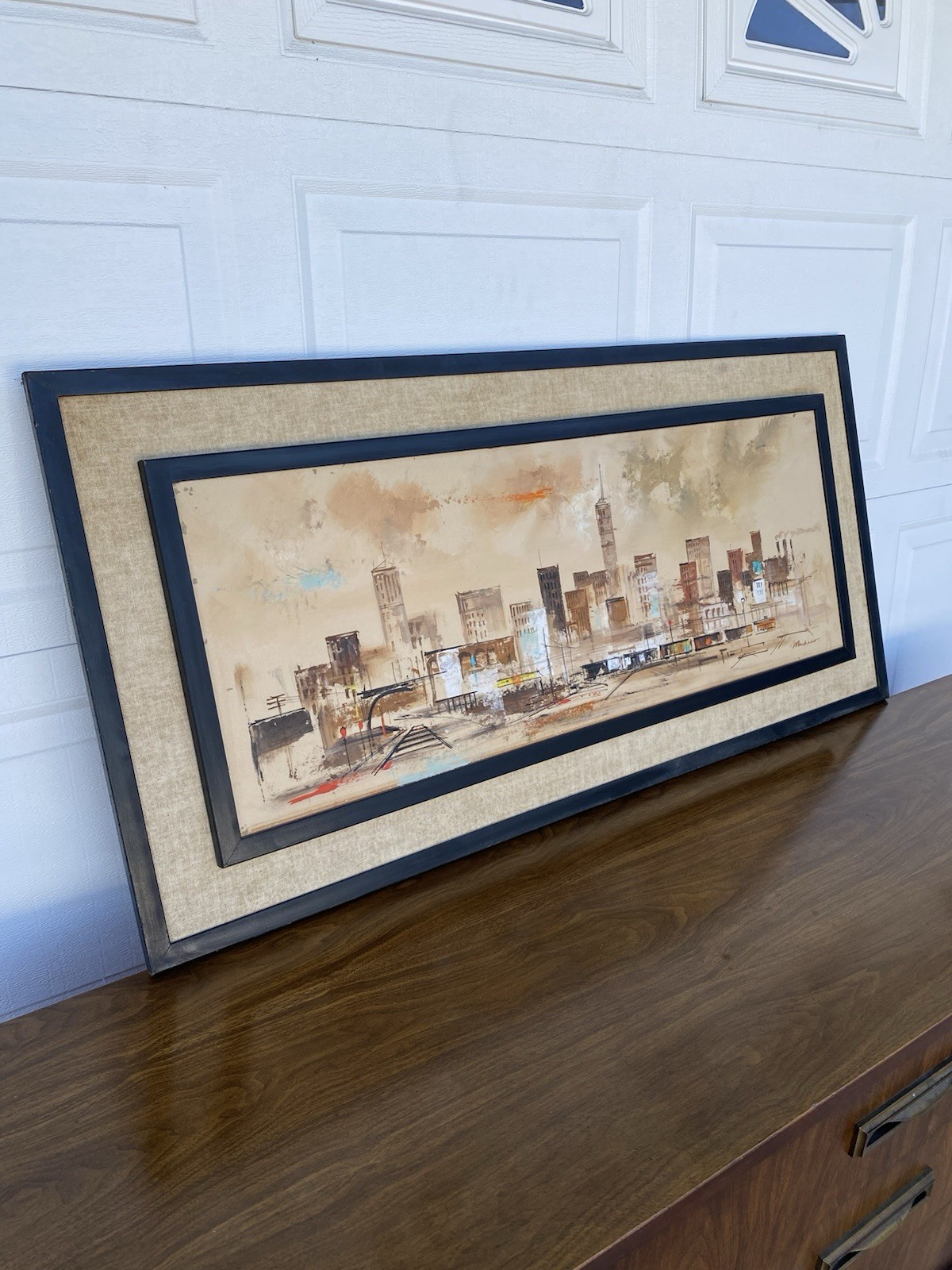 Vintage Mid-Century Modern Abstract Cityscape Oil Painting Framed