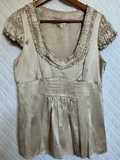 VTG Nanette Lepore 100% Silk Glamour Hollywood Tan Blouse w/ Ruffles, pin tucks