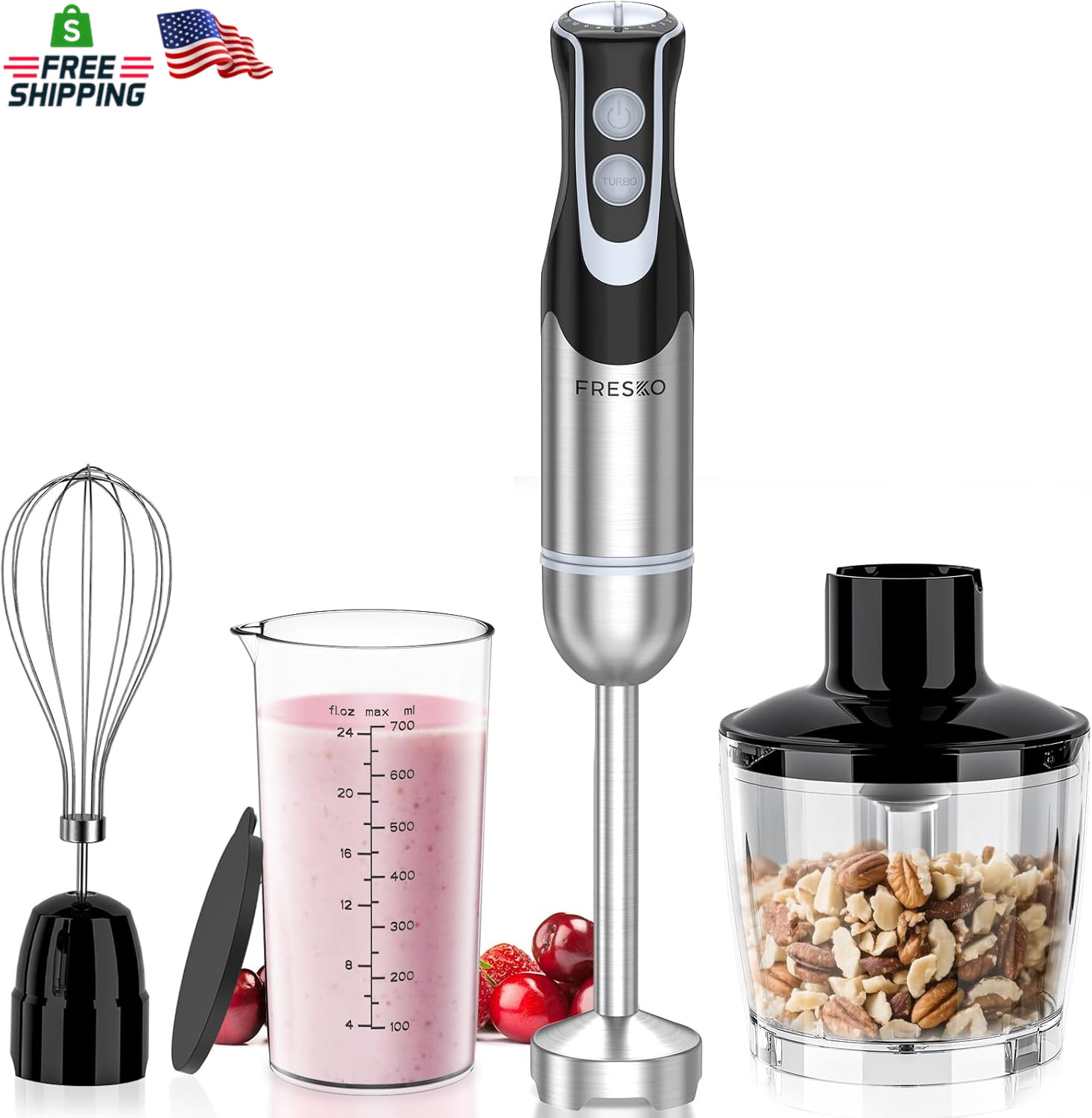 FRESKO Immersion Blender Handheld, 4-In-1 Stainless Steel Ha