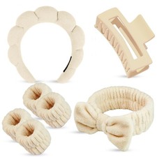 7 Pcs Spa Set, Facial Headband and Wristband Skincare Accessories, Khaki