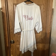 Bride Robe Women  s One Size White Satin Lace Trim Spellout On Back Pink Wedding