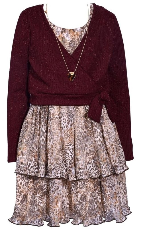 NEW Bonnie Jean Girl Size 8 "BROWN BURGUNDY ANIMAL PRINT" Dress Sweater Set NWT