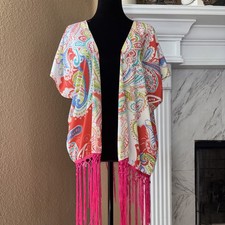 Paisley print kimono with pink fringe festival boho