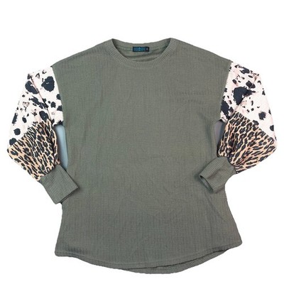 Fashion Express Olive Waffle Knit Leopard Cow Animal Print Sleeve Top Women M