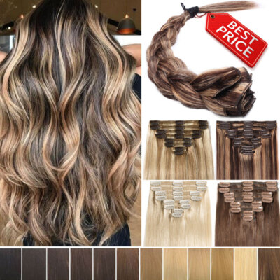 Extra Thick Weft Clip In Real Remy Human Hair Extensions Full Head Highlight USA