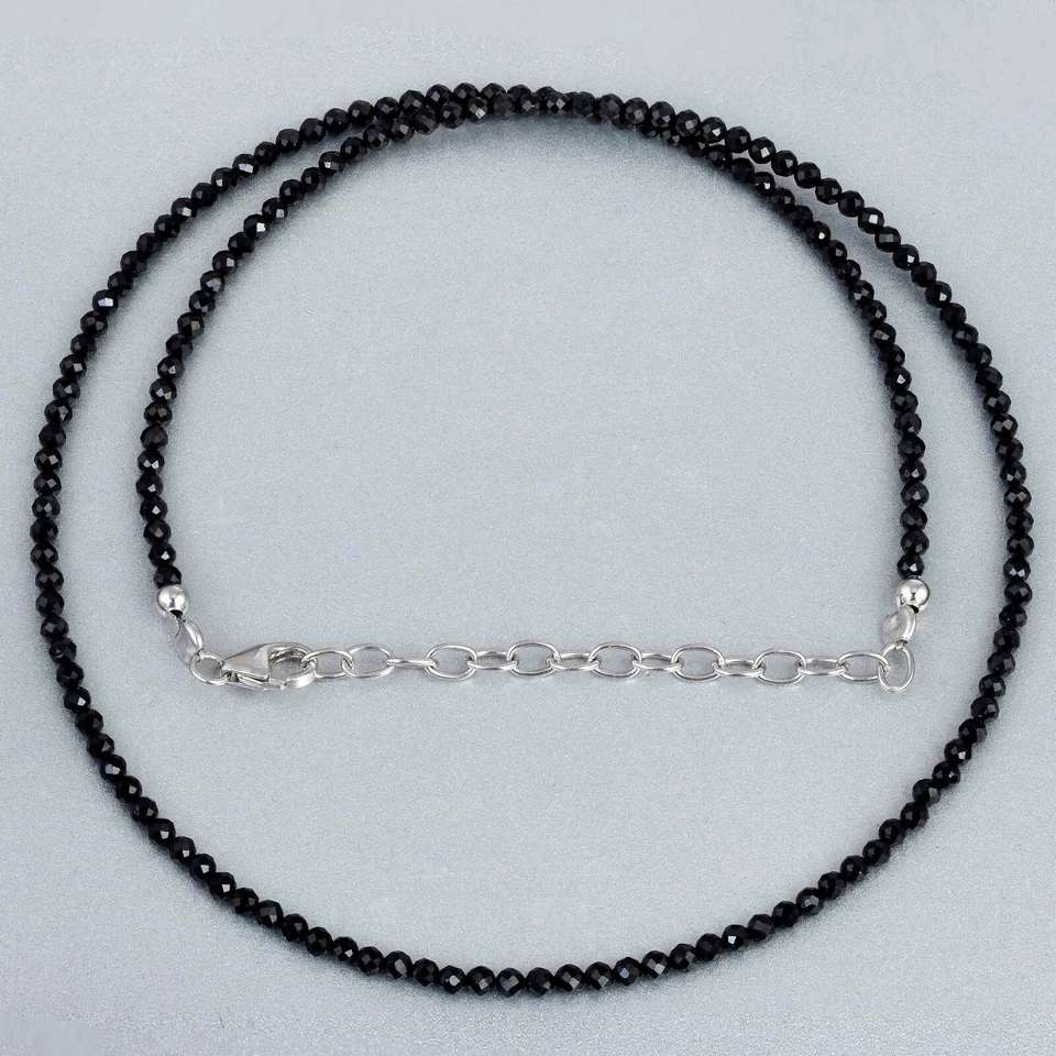 925 Argento Naturale Piccoli Nero Spinello 3mm Perline 18 " Catena Mano Donna - Immagine 2 di 4