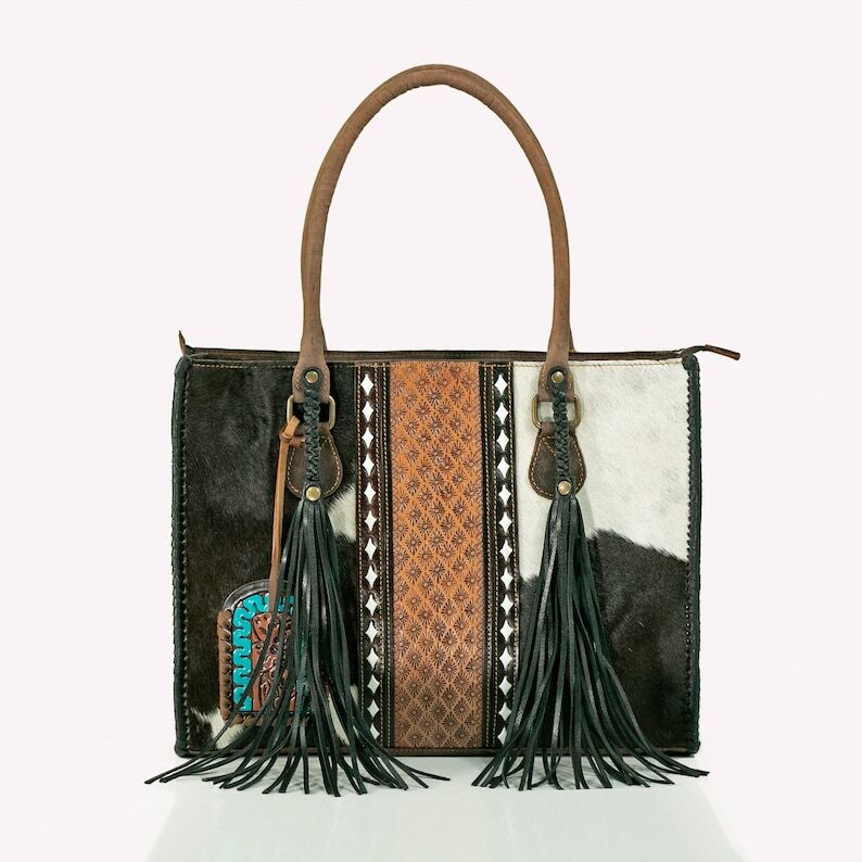 Bohemian Cowhide and Leather Shoulder Tote Bag - Hand Tooled Western Design