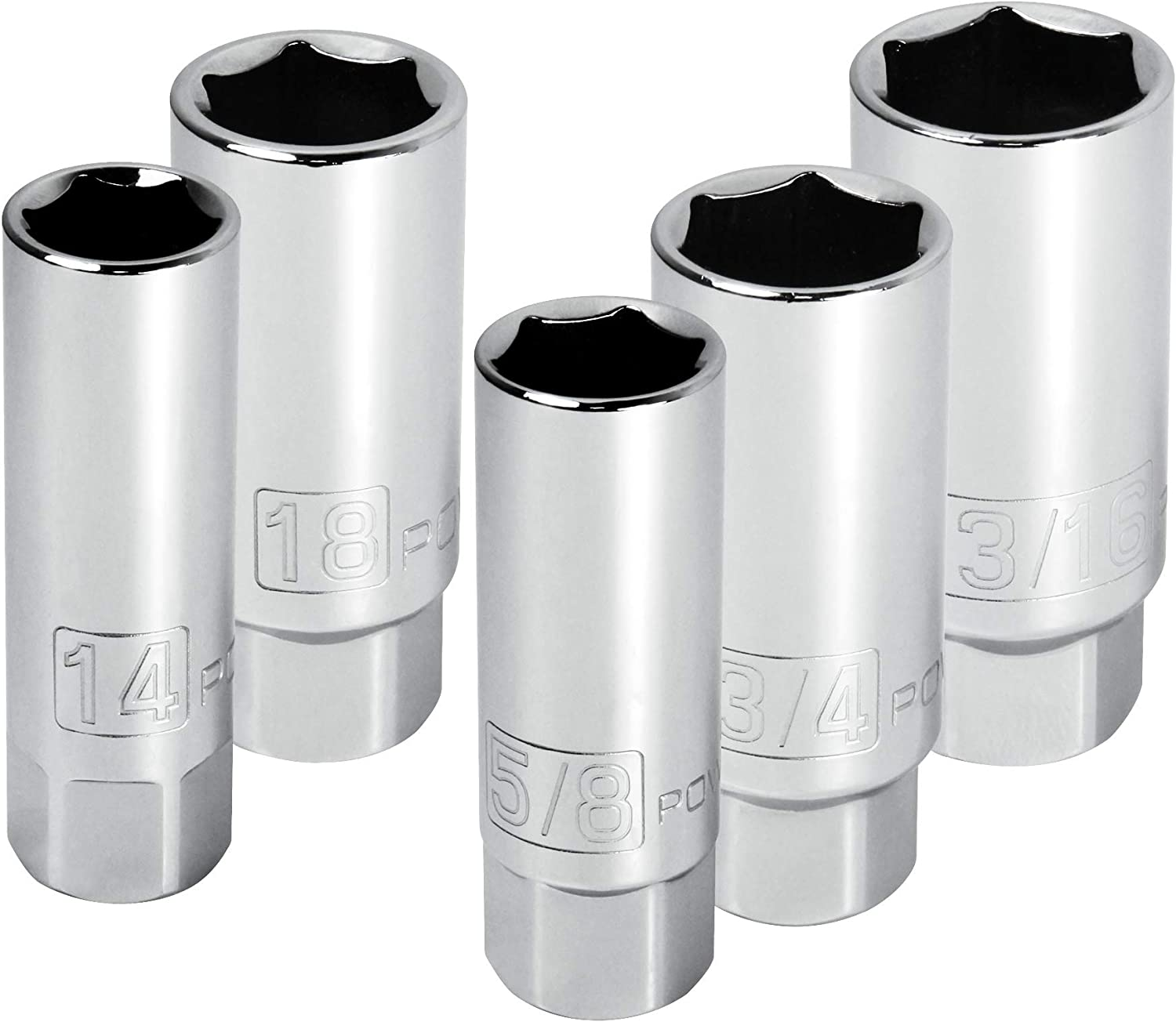 3/8-Inch Drive Spark Plug Socket Set, 6 Point, Deep Thin Wall, 5 Pie