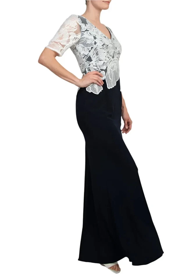 Adrianna Papell Illusion Lace Stretch Crepe Gown Size 12 Black White $249 NWT - Image 3 of 4