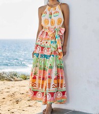NWT Farm Rio Rainbow Sunset Maxi Dress Halter Floral Palm Sun Pineapple Fruit M