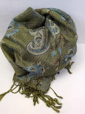 Pashmina Scarf Shawl Wrap Woven Jacquard Paisley Aqua Teal Green 28" x 70"