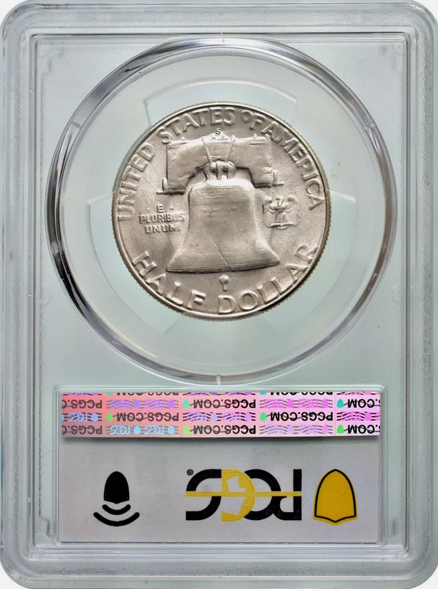 :MEDIO DÓLAR FRANKLIN 1954-S 50C GRADUACIÓN PROFESIONAL MS65FBL LÍNEAS DE CAMPANA COMPLETAS R3 BLANCO EXPLOSIVO Foto 2 de 2