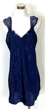 Angelique Women  s M Chemise Nightgown Satin Floral V Neck Blue