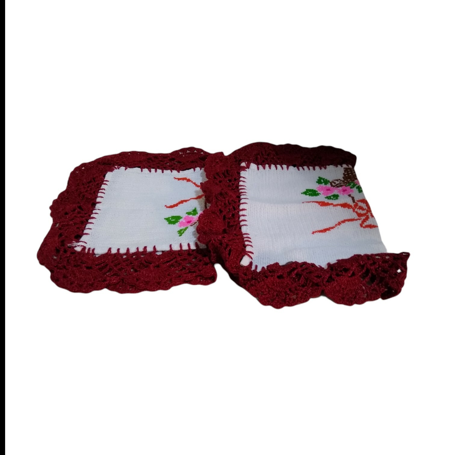 Vintage NAPKINS 2 Burgundy CROCHET LACE TRIM & EMBROIDERY Antique eBay