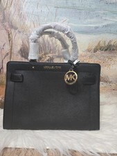 Michael Kors Rayne Medium Satchel Racing Black Leather Purse Zipper Handles + Wa