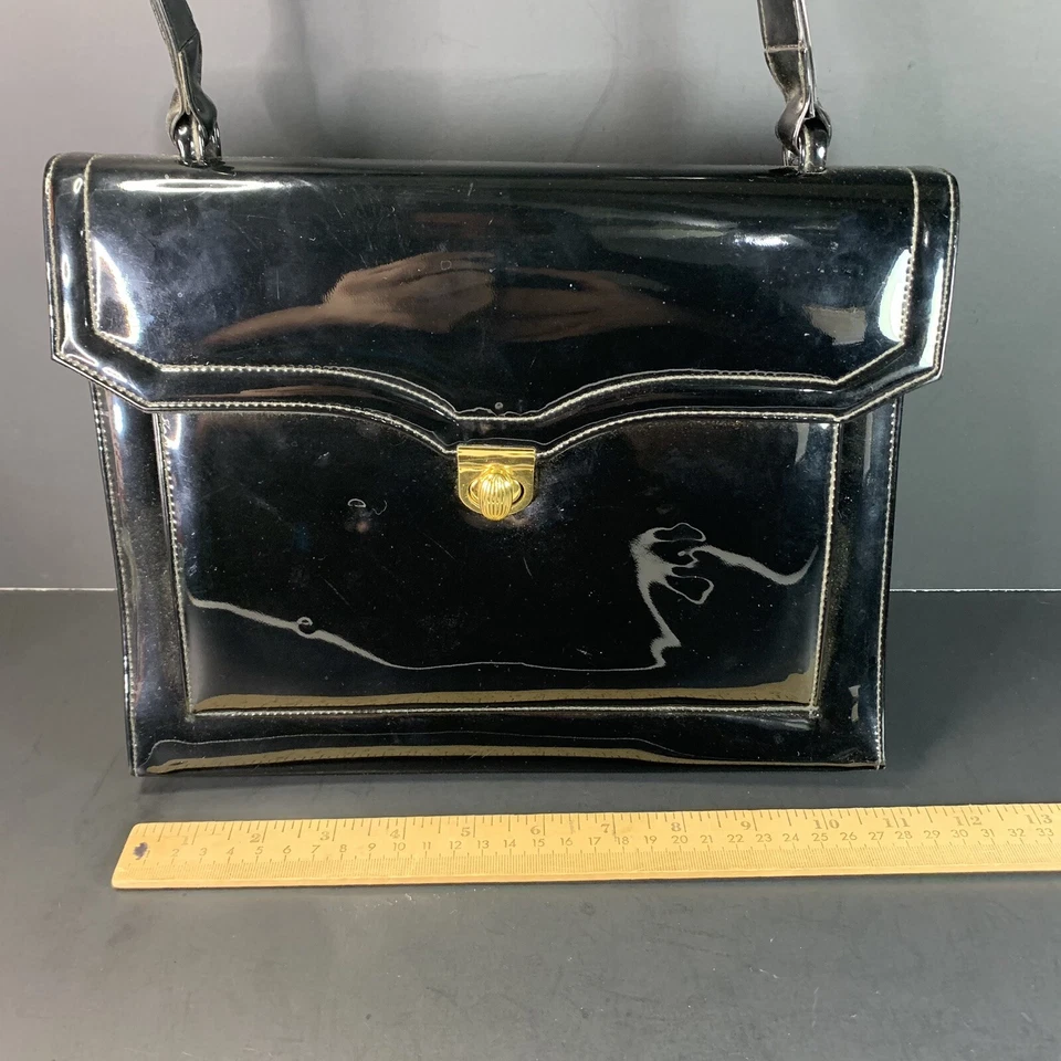 Bolso de mano Theodor California vintage de charol negro con solapa y cierre de broche dorado Foto 4 de 4