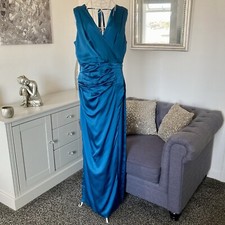 Teal Blue Satiny V-Neck Fixed Wrap Gathered Waist High Side Split Maxi Dress 14