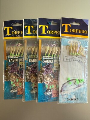 (4) Sabiki Sea Fishing Rigs Aji Hooks for Live Bait, Sandeel, Herring Size#14