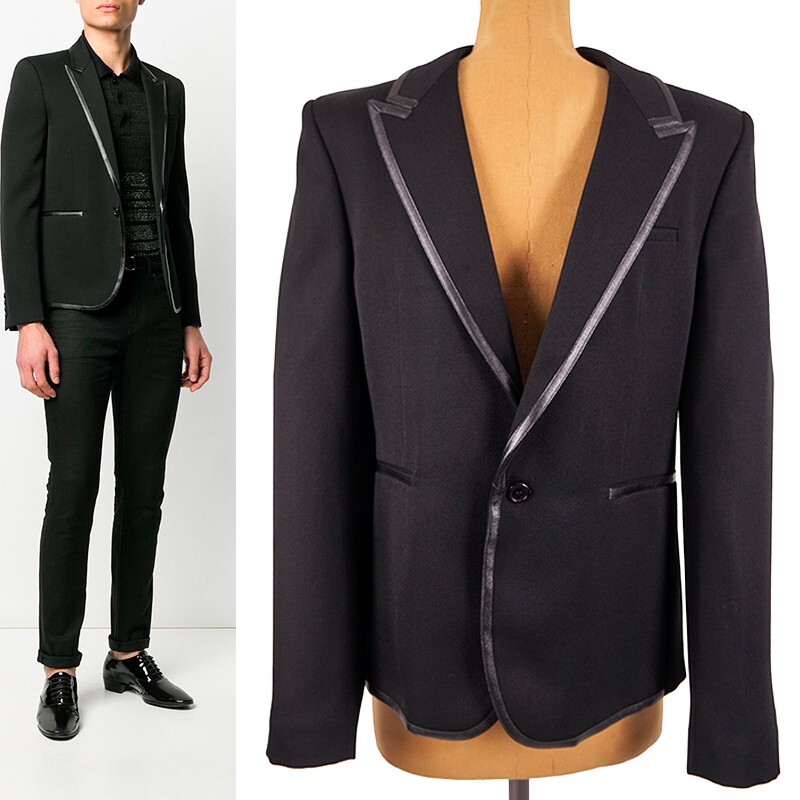 GIACCA BLAZER 52 NUOVA $3 290 SAINT LAURENT UOMO LANA NERA FINITURE IN PELLE aderente