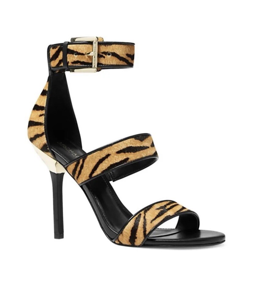 Michael Kors Womens Amal Tiger Print Calf Hair Leather Sandals Marigold US 5