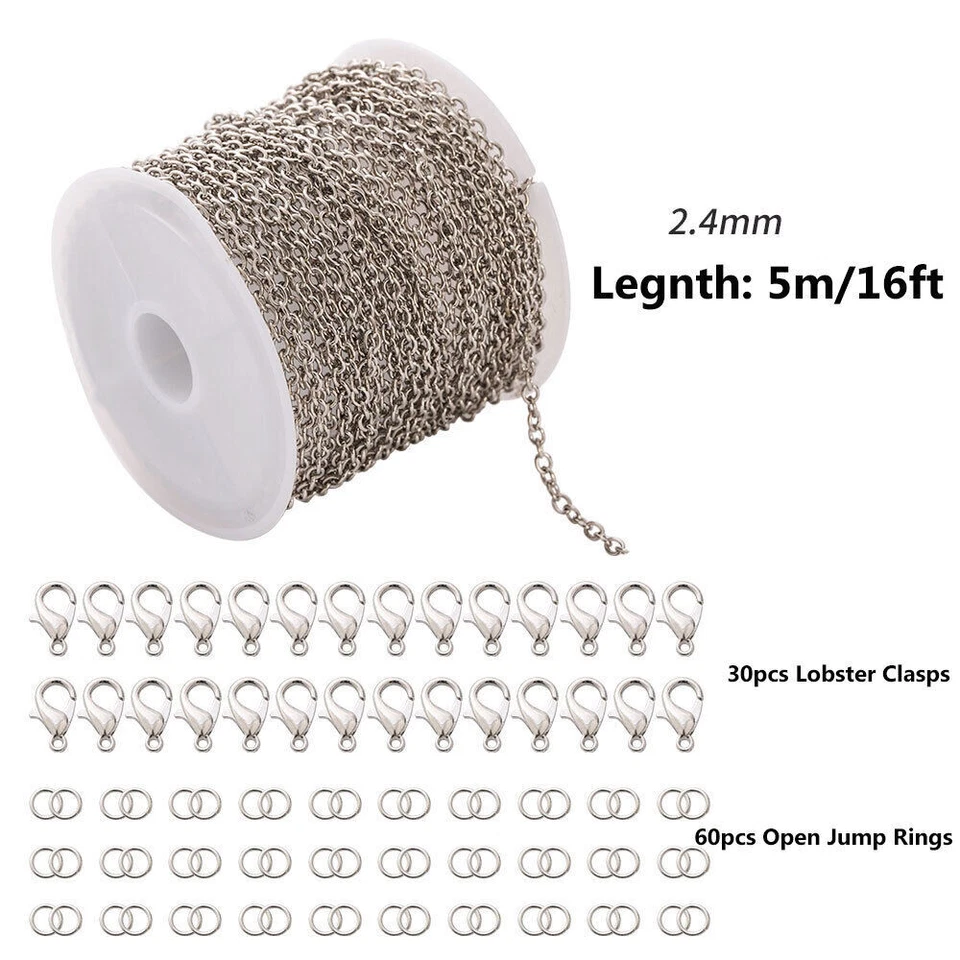 5m Necklace Chains w/ 30 Lobster Clasps 60 Jump Rings Bracelet Jewellery Making - Image 2 of 4