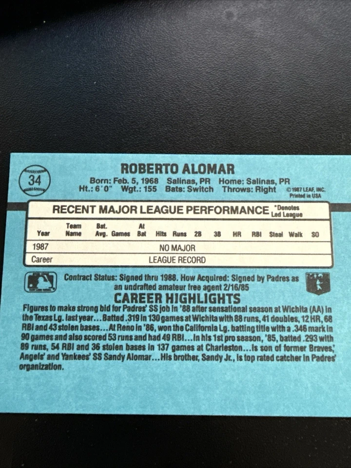 1988 Donruss - Rated Rookie Roberto Alomar #34 Last Line Begins with... - Image 2 of 2