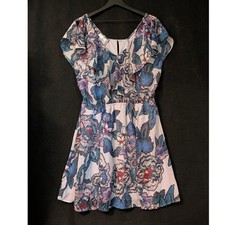 Maurices Floral Fit Flare Dress L Flutter Sleeve Lined Lavender Blue Large Sweet