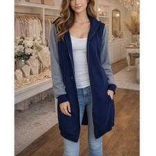 SHEIN Curve Womens 2XL Navy Blue Grey Longline Full Zip Fleece Hoodie Jacket