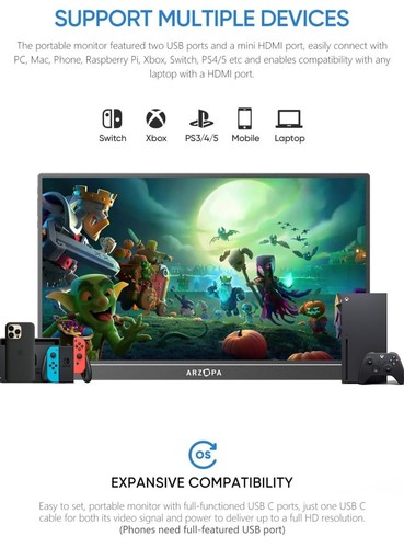 ARZOPA 16.1" Portable Monitor, 100% sRGB FHD 1080P Kickstand Z1C - 第 7/10 張圖片