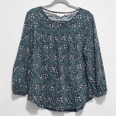 Boden Long Sleeve Pleated Dark Green Floral Top Size M