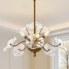 Modern Gold Chandelier,Vintage Brass Flower Glass Pendant Light Fixture,Mid Cent