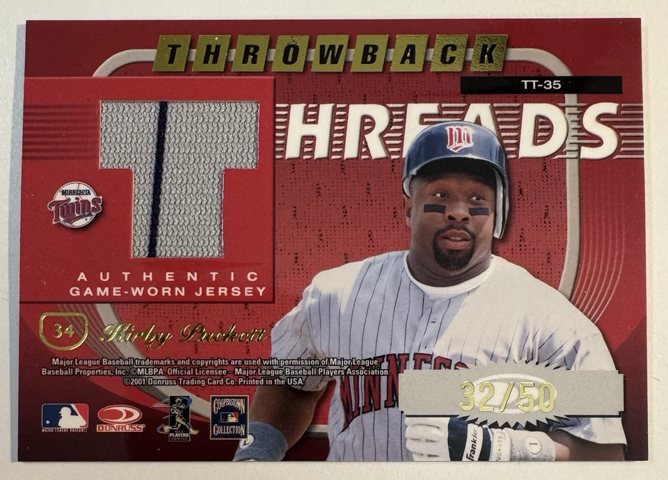 2001 Donruss Elite Harmon Killebrew Kirby Puckett Throwback Threads Jersey #/50 - Image 2 of 2