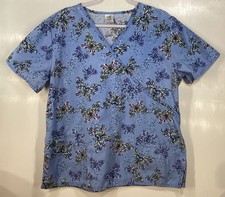 Scrub Top Women L Large as measured Butterflies blue Spring Summer Please Read