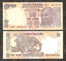 INDIA 10 RUPEES P95f  L  2007 x 1 Pcs UNC GANDHI TIGER RHINO YVR SIGN BANKNOTE