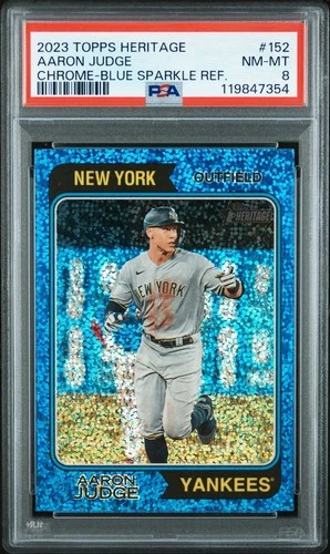 AARON JUDGE 2023 HERITAGE CHROME BLUE SPARKLE REFRACTOR 152 🔥 PSA 8 NM-MINT 📈