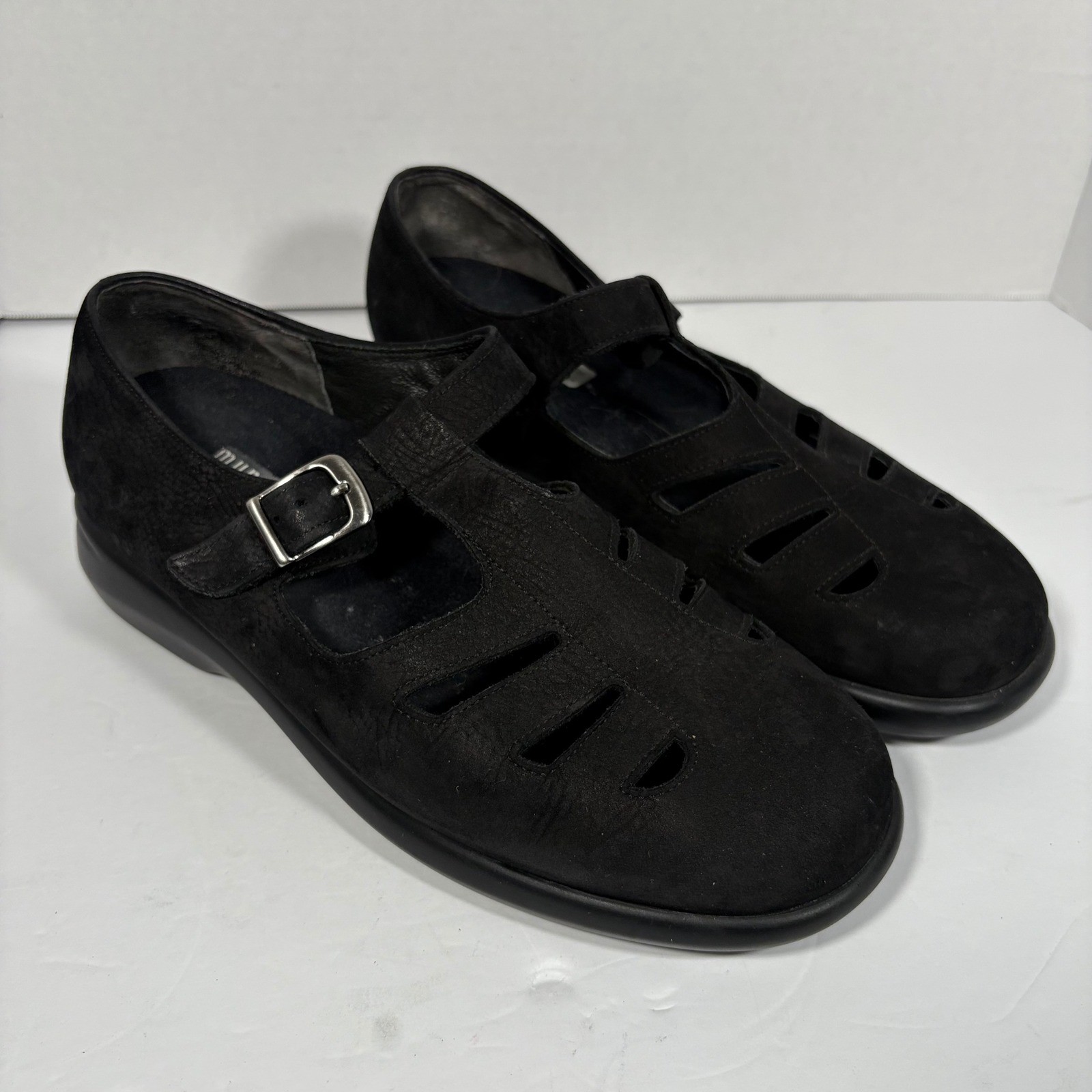 Munro black Mary Jane's loafers buckle closure 2" wedge cut outs comfort