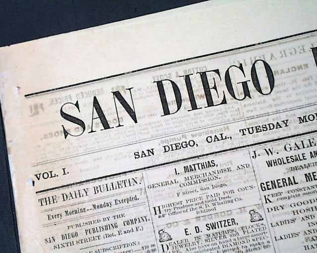Very Rare VOLUME 1 NUMBER 1 San Diego Southern California First 1872 Newspaper