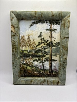 Vintage sowjetische Edelsteinmalerei Wald See signiert L. Nikolaeva Malakhit UdSSR