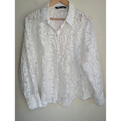 ZARA Sheer Burnout Leaf Button Down Shirt Womens L White Long Sleeve Vacation