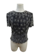 Papell Boutique Evening Black  Silver Beaded Silk Top Short Sleeve Floral Sz S