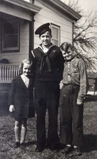 1940  s PHOTO Soldier WW2 Young Sailor Poses With His Brother Sister Vintage